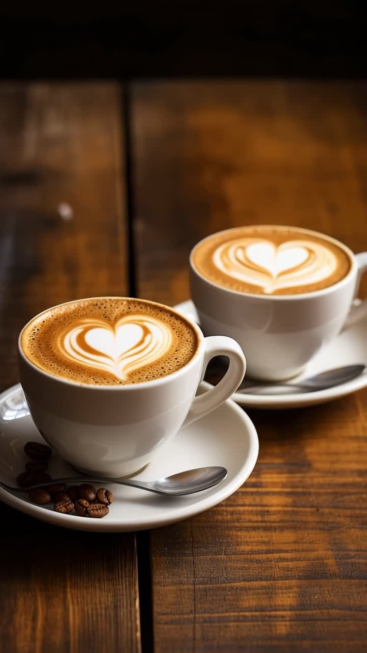 Warm, inviting video concept of two lattes with heart foam art on a rustic wooden table