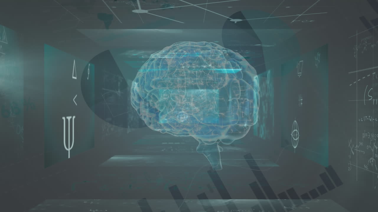 Mathematical symbols and data processing against 3D human brain model