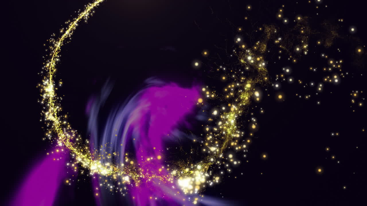 Glowing yellow orb sending golden sparkles over dark cosmic nebula clouds in 3D render