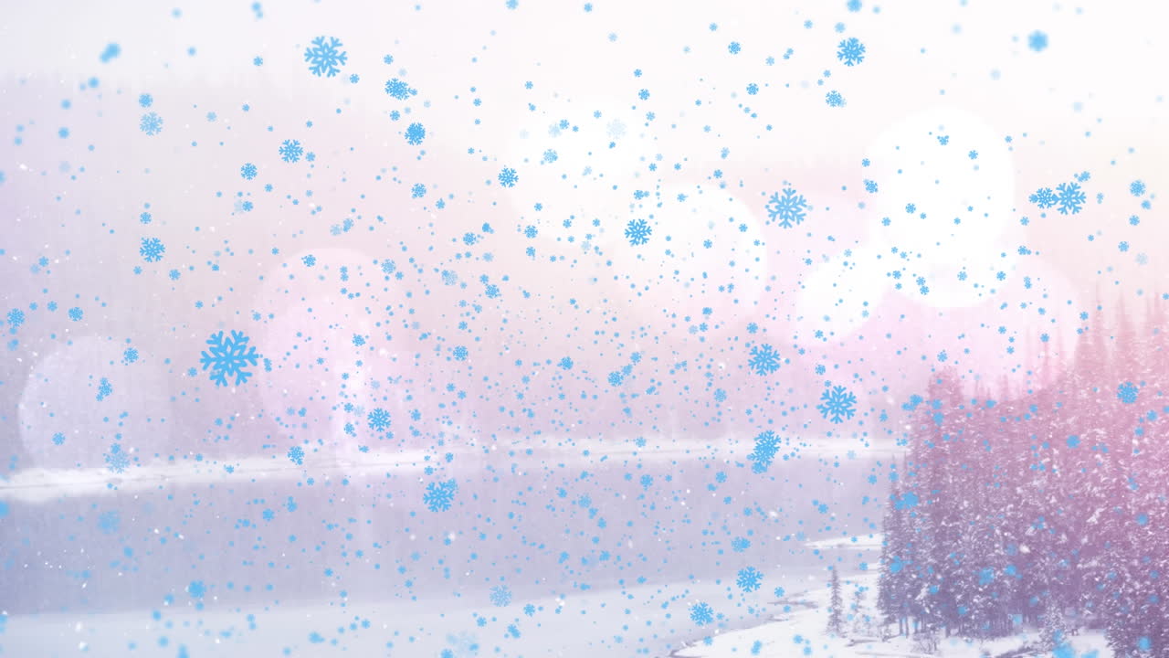 크리스마스 나무와 함께 겨울 풍경에 눈이 떨어지고 스포트 라이트 애니메이션