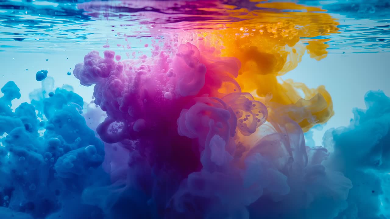 Injecting magenta golden-yellow ink into tank, billowing plumes intersecting, blending with bubbles