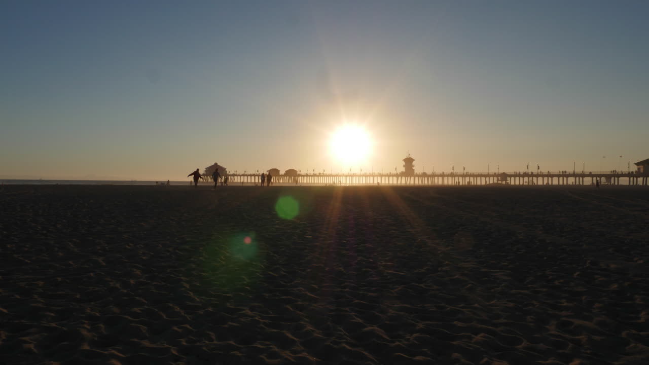Time lapse Sunset at the pier, beautiful California beach sunset with blue sky in Huntington beach.