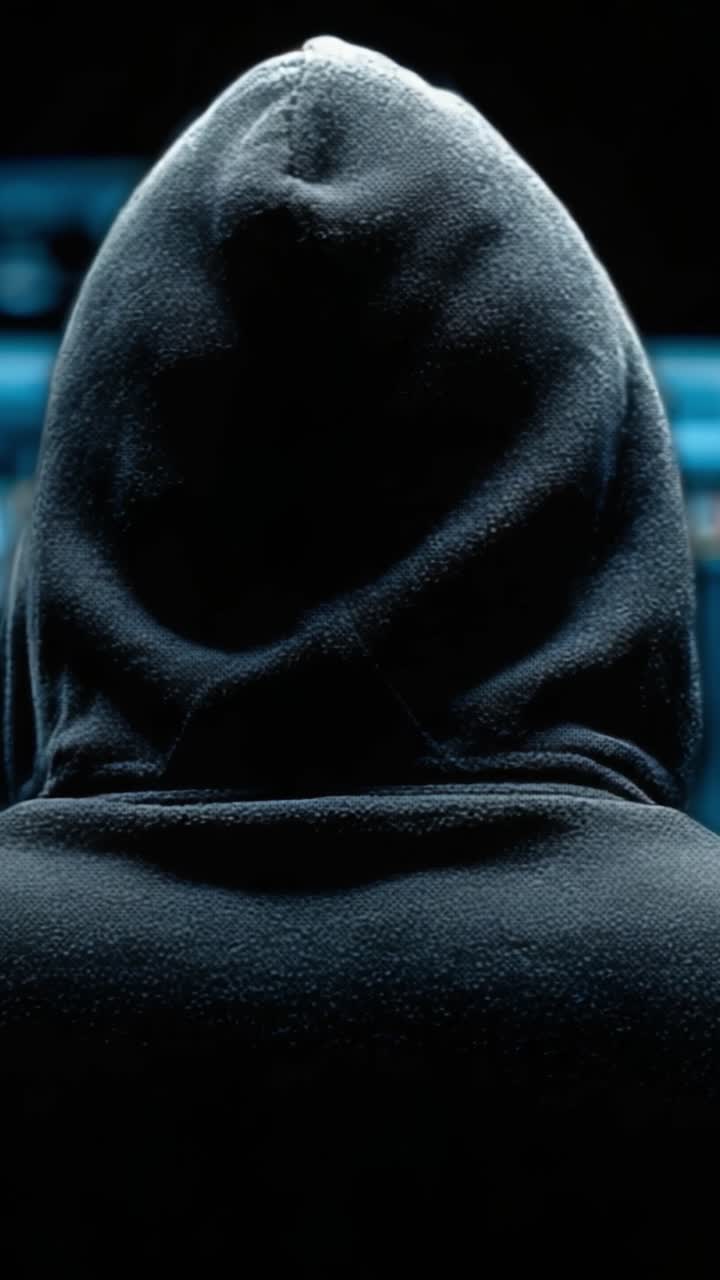 Sosok Gelap Berjubah Berkerudung Berdiri di Tengah Latar Belakang Misterius, Menyarankan Tema Intrik dan Rahasia Digital dalam Lingkungan Remang-remang