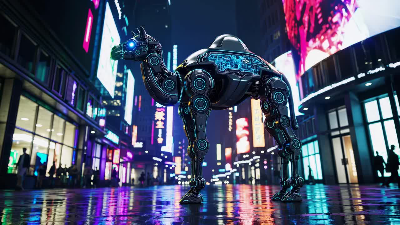 Robot Camel in a Neon-Lit City Street