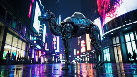 robot camel in a neon-lit city street