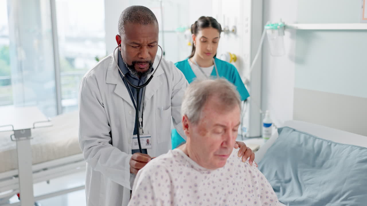 Senior patient, doctor and hospital with breathing