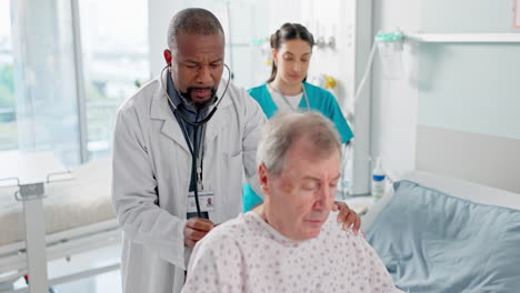 senior patient, doctor and hospital with breathing
