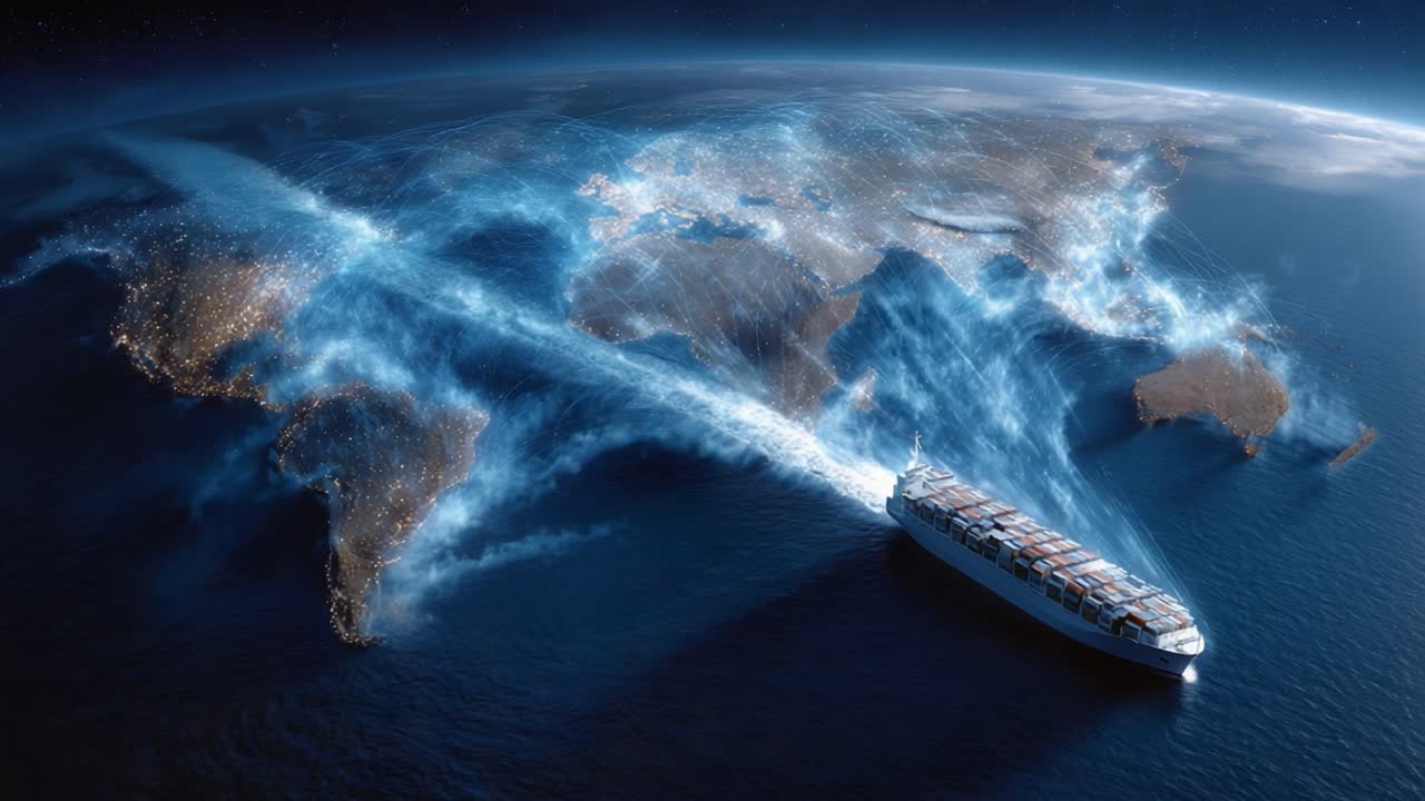 A Majestic Maritime Journey: Visualizing Global Trade Routes Illuminated by a Cargo Ship Navigating Through Vibrant Oceans and Continents