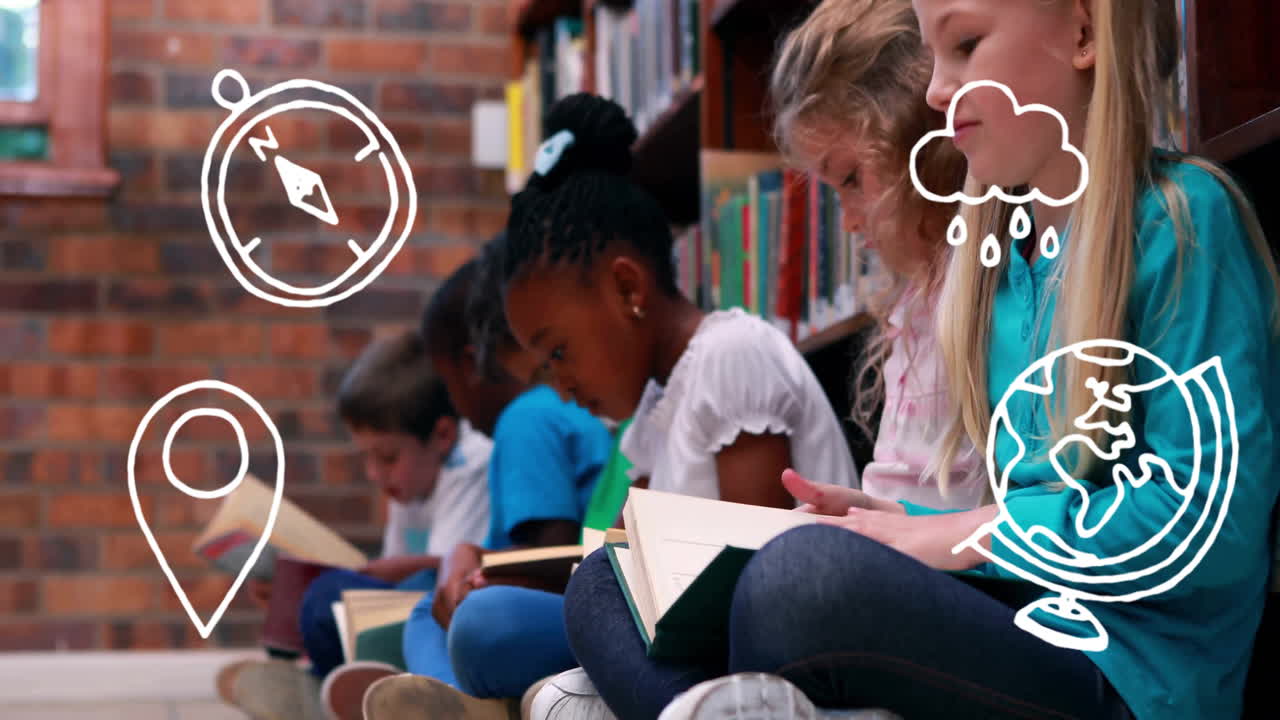 niños leyendo libros en la biblioteca con iconos de animación de navegación y clima