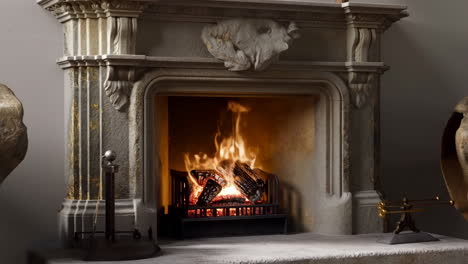 a cozy fireplace with burning logs