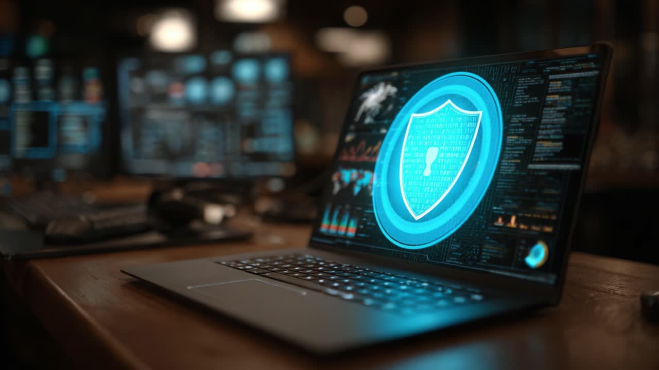 A Modern Digital Workspace Showcasing Advanced Cybersecurity Measures with a Focus on Encryption and Data Protection in an Engaging Tech Environment