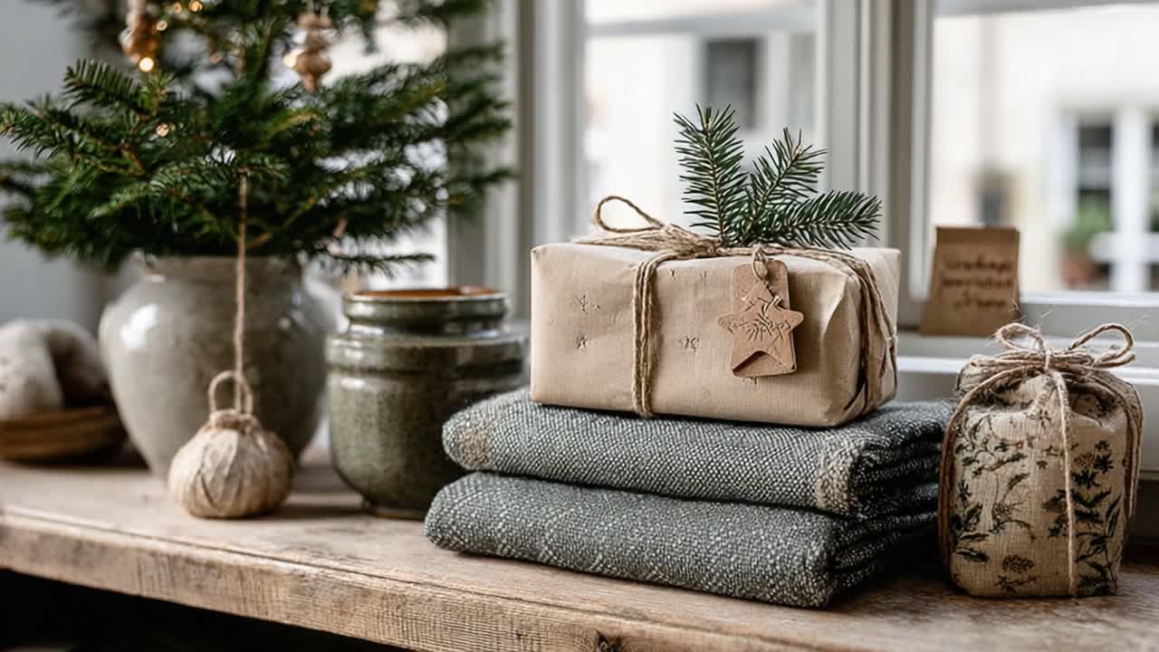 Decorative Holiday Gifts and Cozy Textiles Displayed by a Window, Featuring Greenery and Rustic Charm in a Peaceful Home Setting