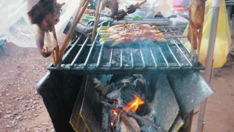 Mittlere-Aufnahme-Von-Froschspießen,-Die-Auf-Dem-Grill-Grillen