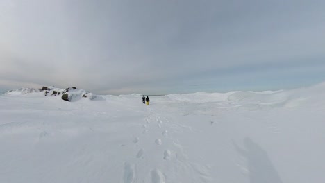 2 people walking on frozen lake