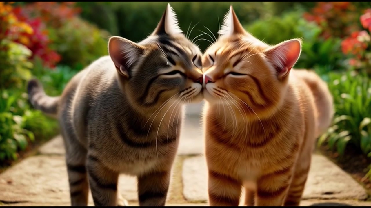 Due gatti che camminano insieme e si strusciano in un giardino