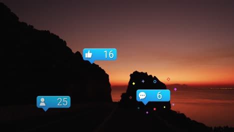 Animation-Von-Social-Media-Symbolen-über-Sonnenuntergang-Und-Meereslandschaft