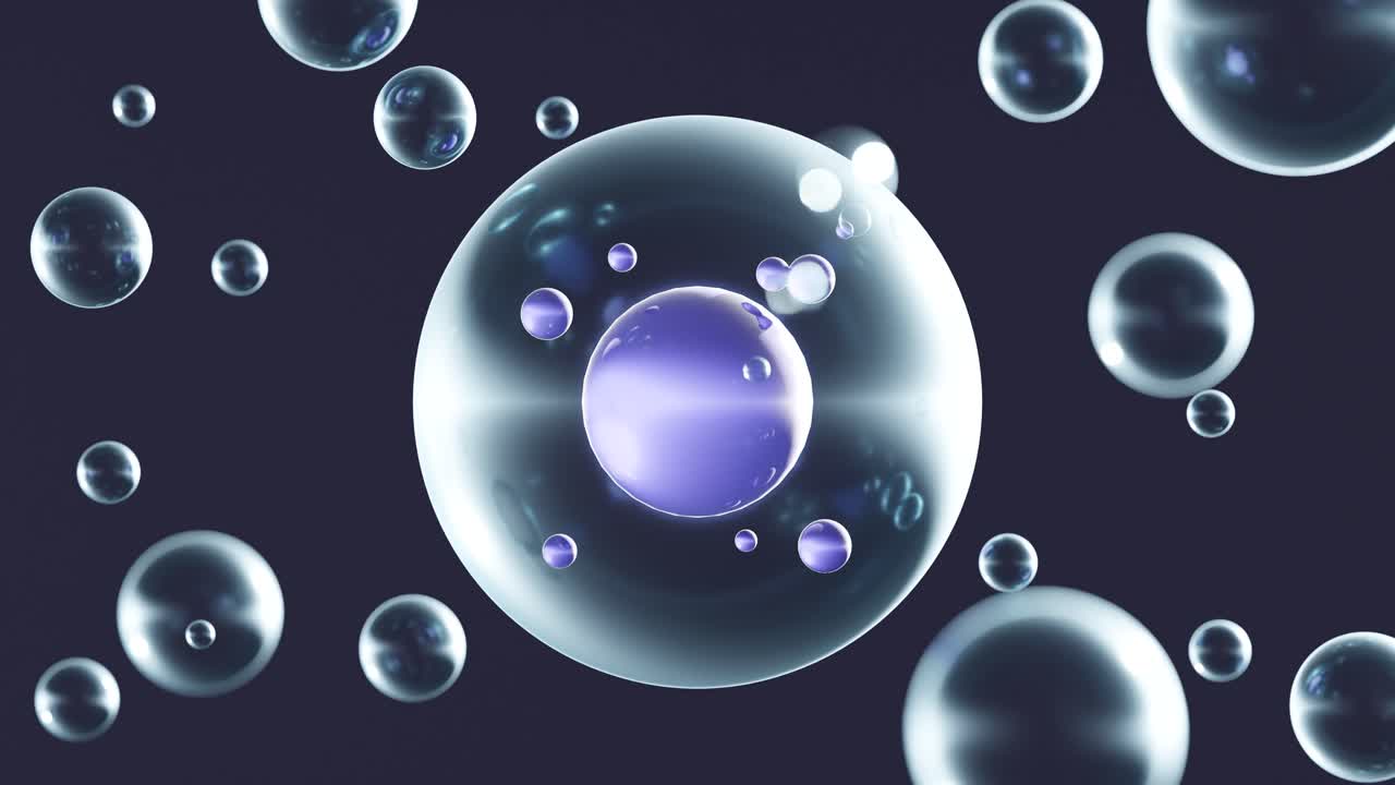 Dark background with transparent spherical bubbles and DNA strands. 3d animation