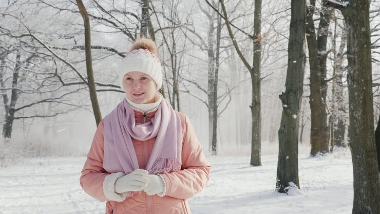 Una donna con una giacca rosa cammina in un parco invernale. Nevica in una bella giornata limpida. Video 4K in slow motion