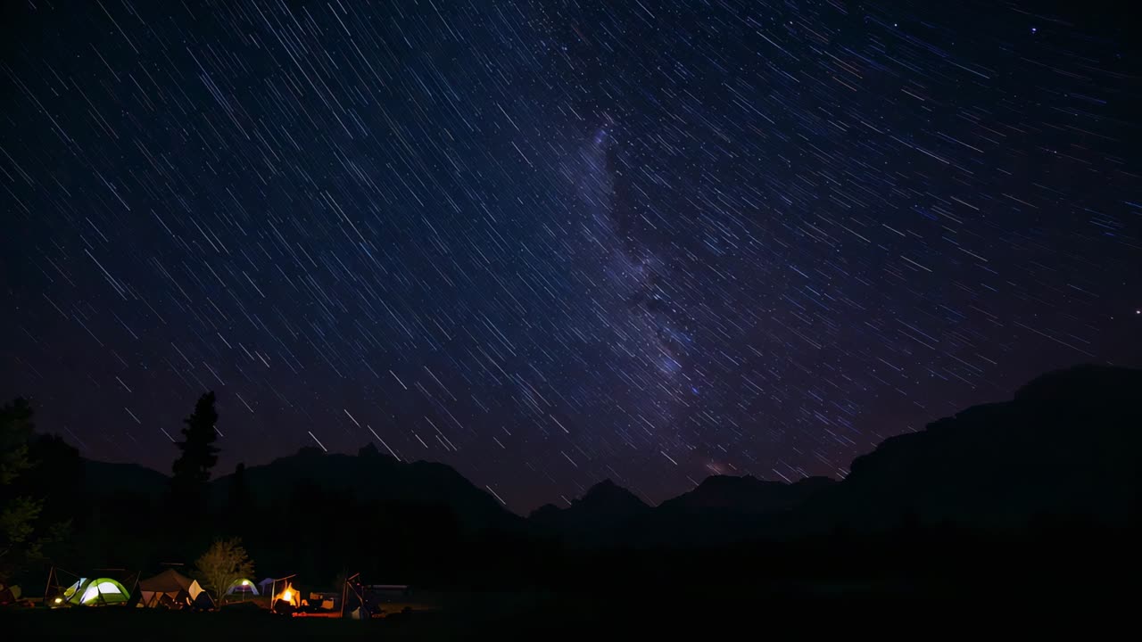 Timelapse iniziale, telecamera che riprende le scie stellari del cielo notturno per mostrare la Via Lattea sopra l'accampamento, con falò