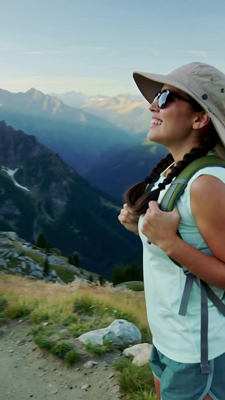 Vídeo vertical: Mulher de chapéu de sol alcançando o cume, ajustando as alças da mochila e observando os picos