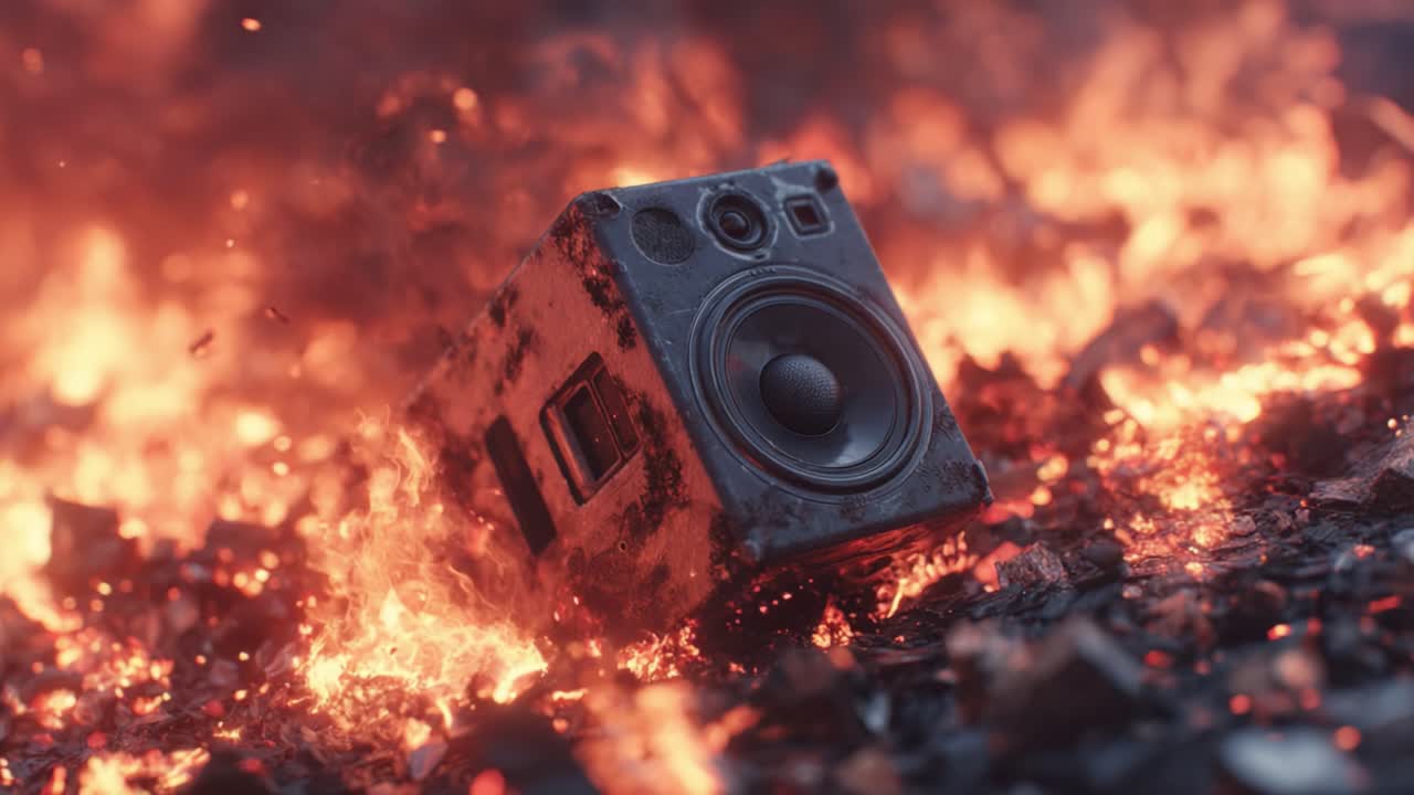 A Charred Speaker Amidst Fiery Embers: An Engaging Visual of Technology Meeting Destruction in a Stunning Personalized Scene