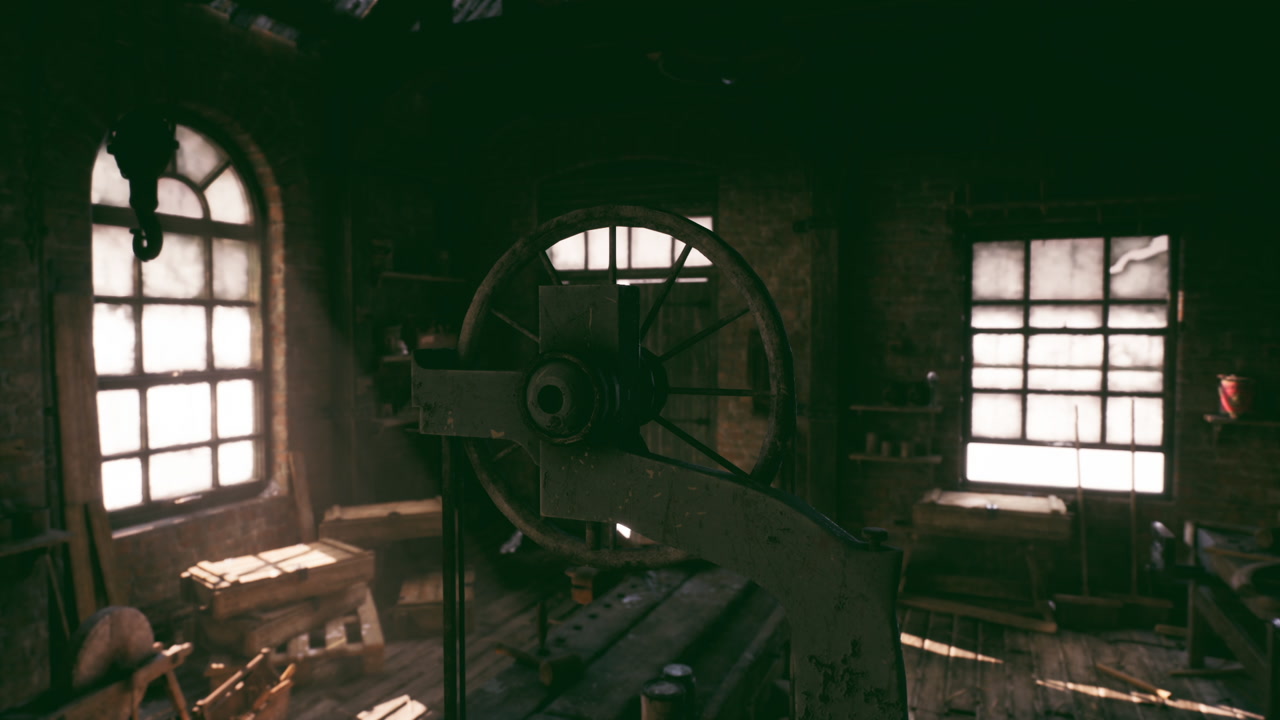 Structured workshop interior featuring vintage machinery and natural light