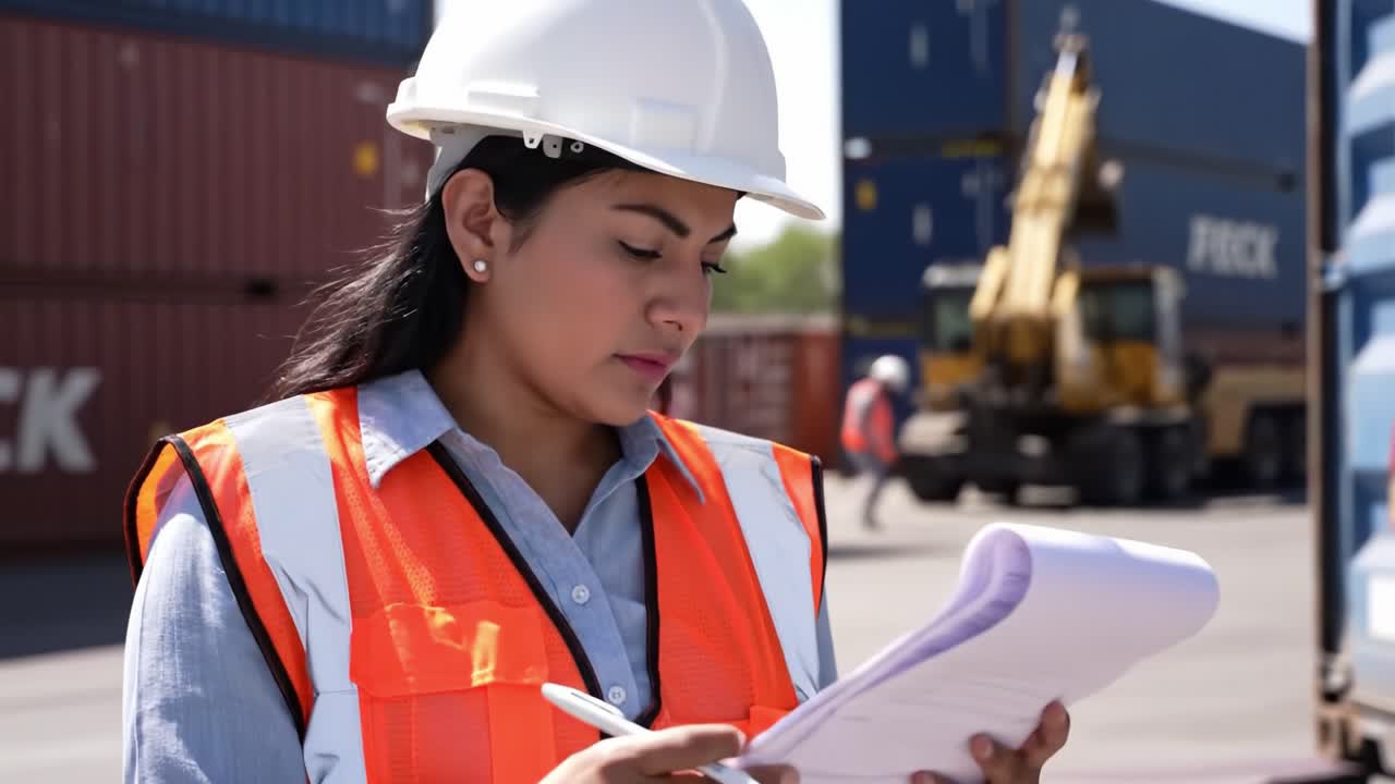 Focused Worker in Safety Gear Takes Notes on Job Site Amidst Shipping Containers and Equipment, Highlighting Teamwork and Safety in Construction Environment