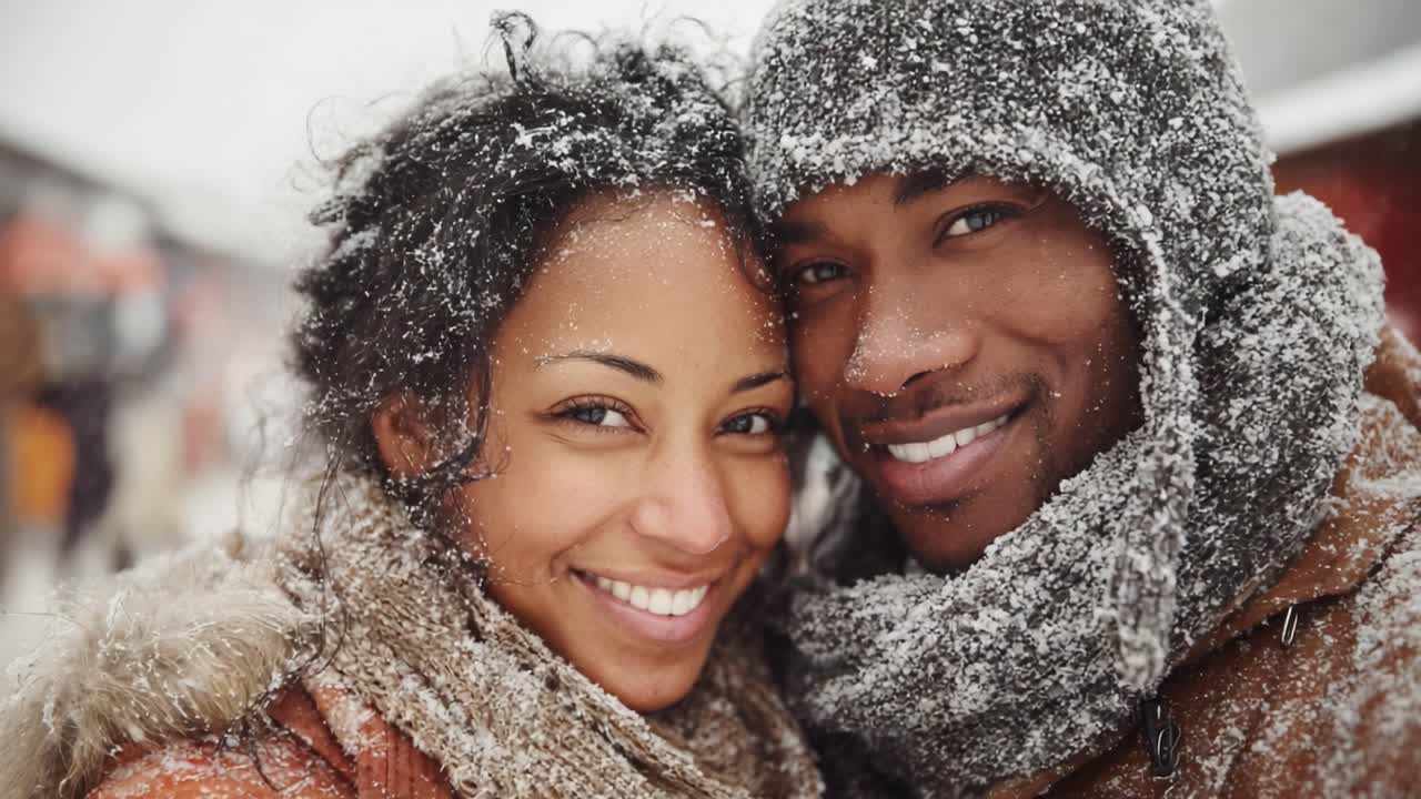 Una coppia felice celebra la stagione invernale, mostrando amore e calore in un paesaggio innevato, catturando sorrisi che brillano più del freddo circostante