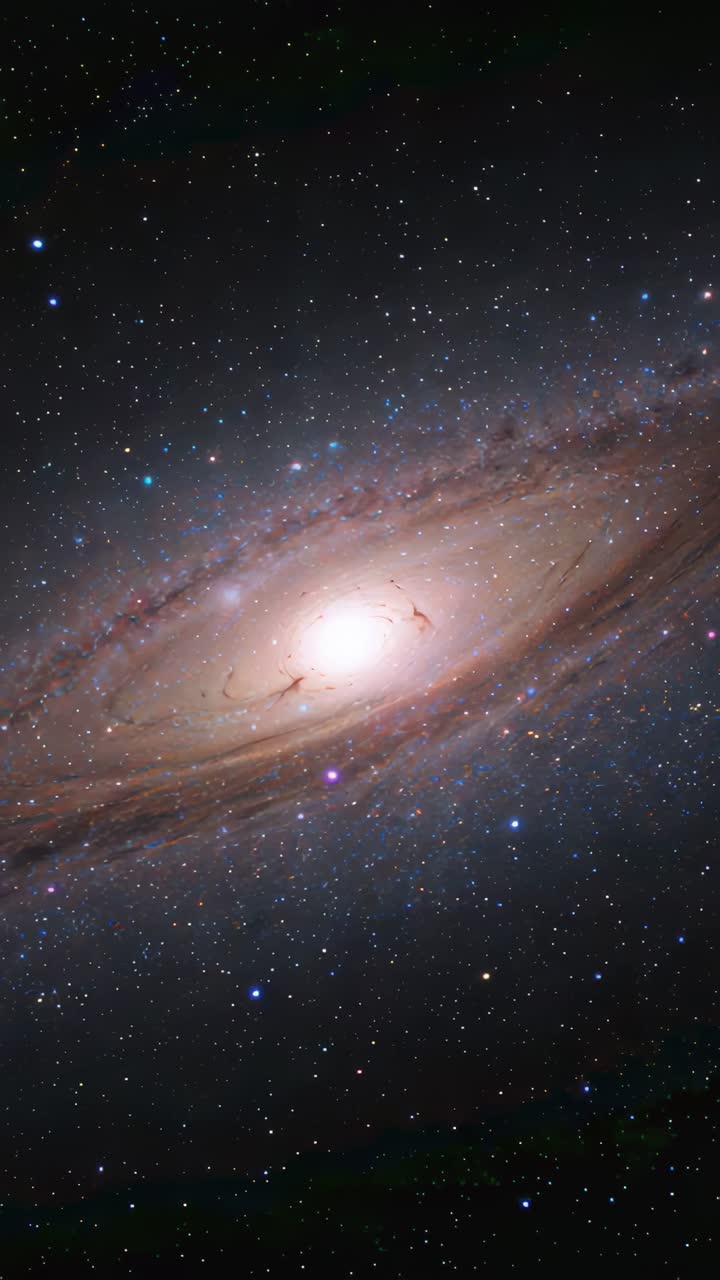 Vertical video: Shifting camera showing galaxy core and arms in space, revealing dust lanes