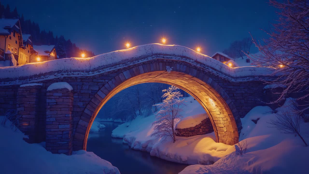 Lampposts casting warm glow over stone arch bridge in mountain village night, with frozen stream