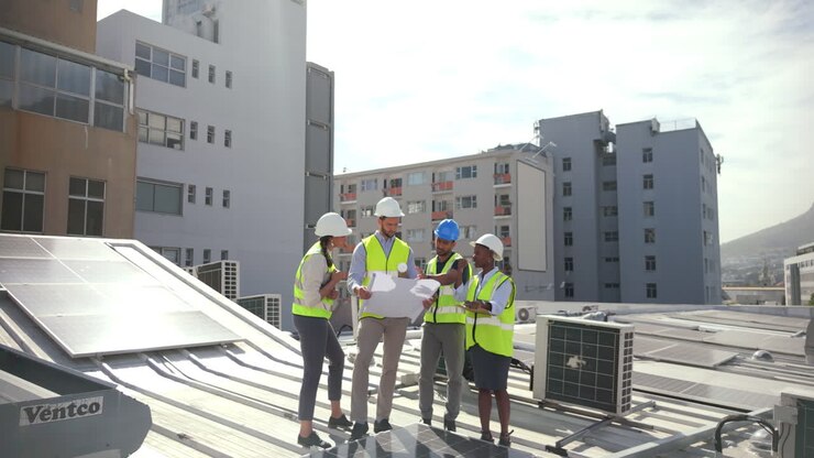Paneles solares, planificación y trabajadores de la construcción