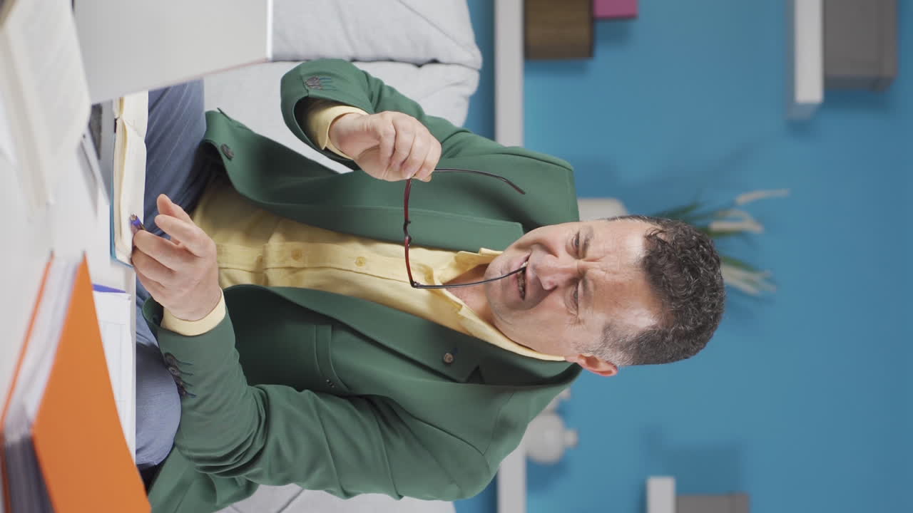 video vertical de un anciano trabajador de oficina en casa enfocado en el pensamiento.