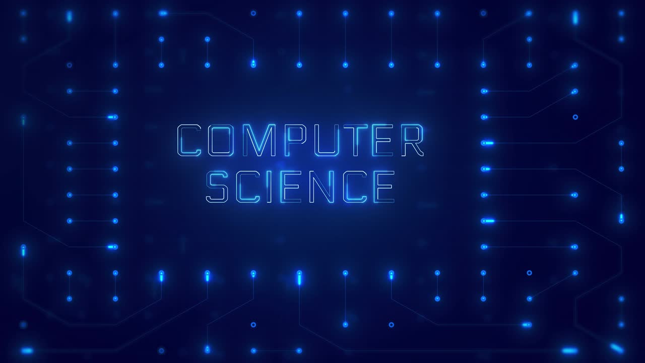 Glowing Computer Science Text on Futuristic Circuit Board