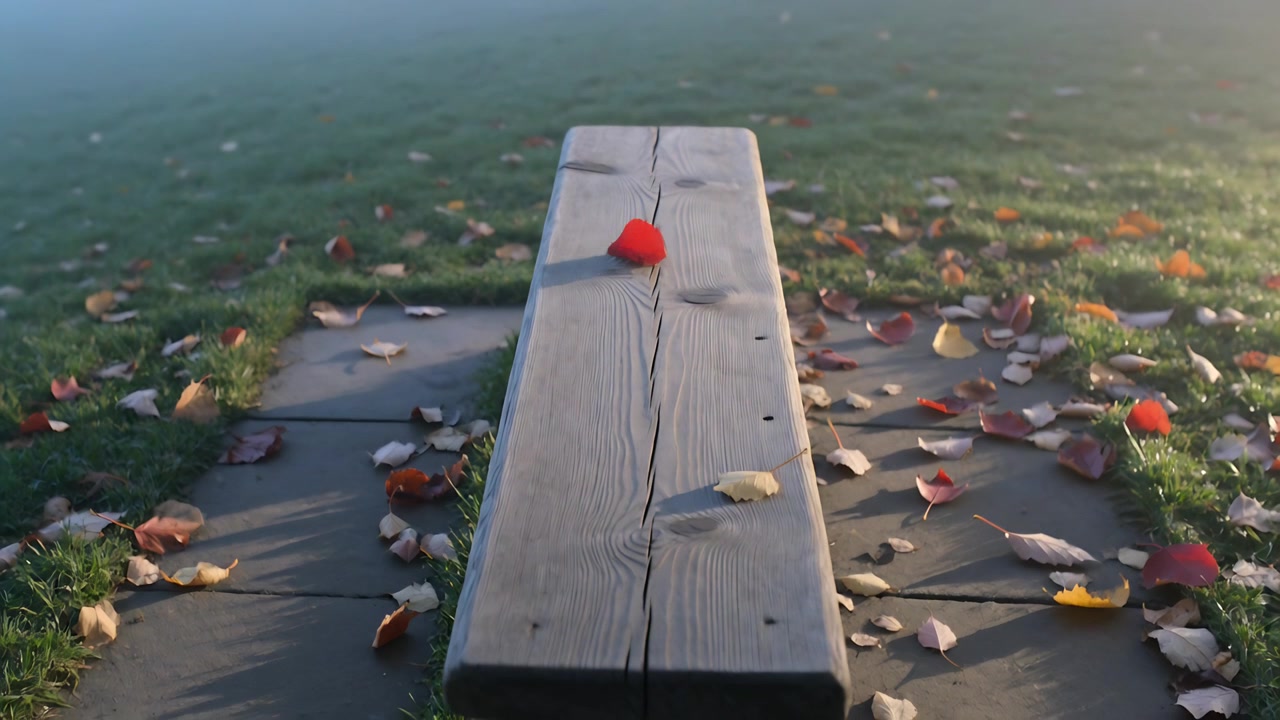 Light breeze nudging bright red leaf along cracked wooden bench plank at park, nearing edge