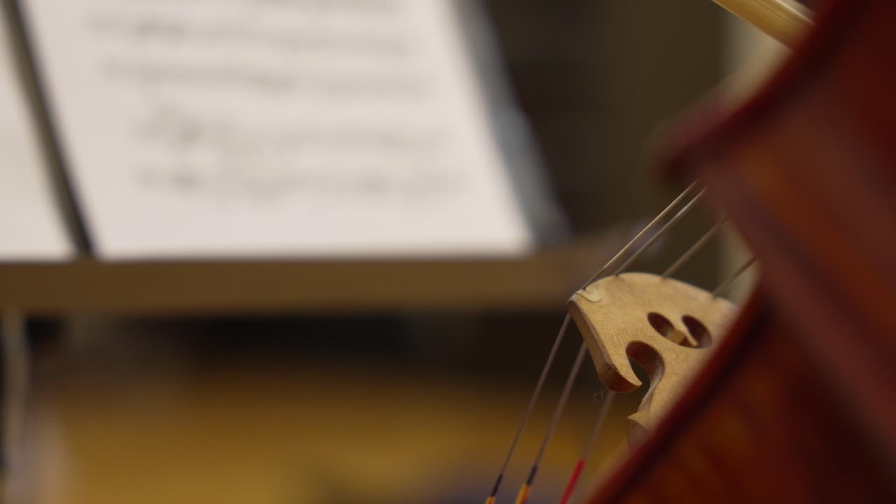 Close-Up of a Brown Cello's Details, Featuring a French Bow Gracefully Laid Upon It