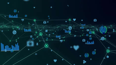 animación de la red de conexiones con iconos médicos en fondo negro
