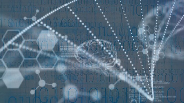 Animation of dna strand spinning over science data processing