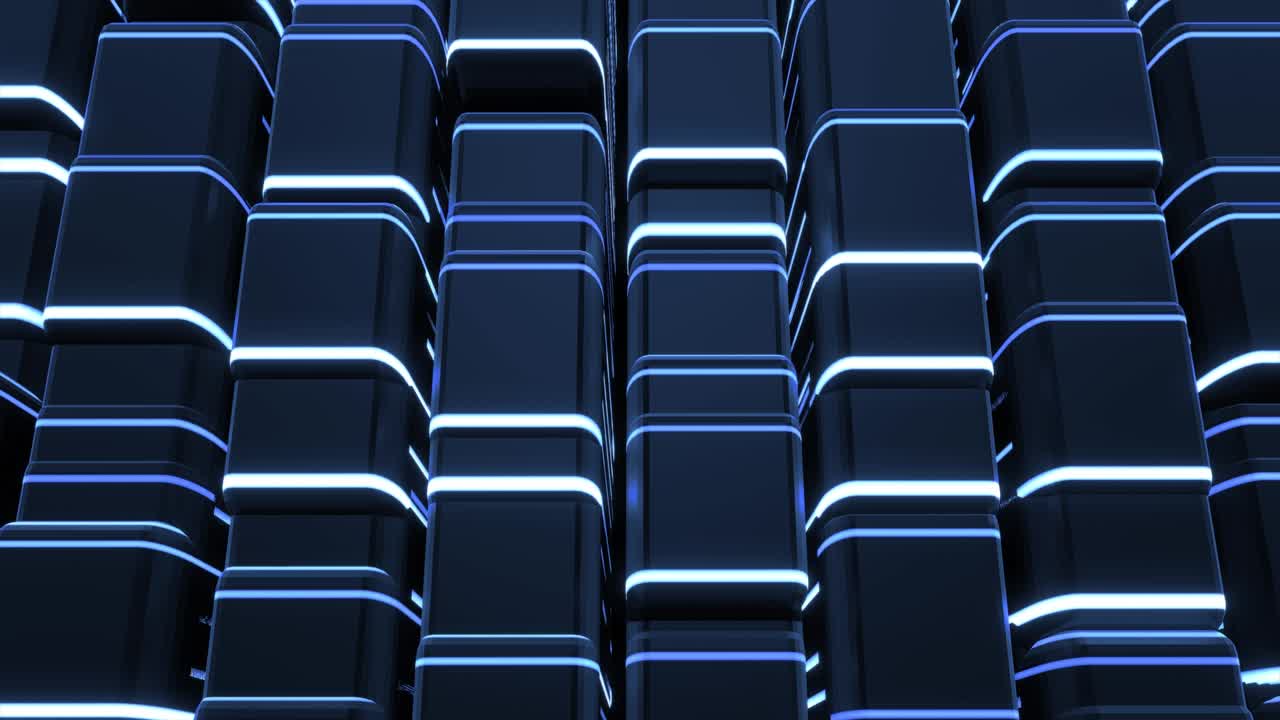 4k abstract looped background with blocks like plates, keys or sticks in a rows on plane like light bulbs, running blue neon lights. Vj loop for beat music, festive show or holiday events