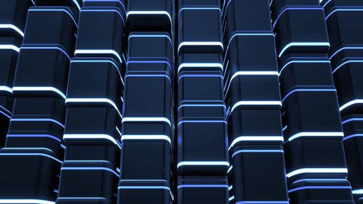 Sfondo astratto in loop 4K con blocchi simili a piatti, tasti o bastoncini disposti in file su un piano come lampadine, con luci neon blu in movimento. VJ loop per musica beat, spettacoli festivi o eventi di festa