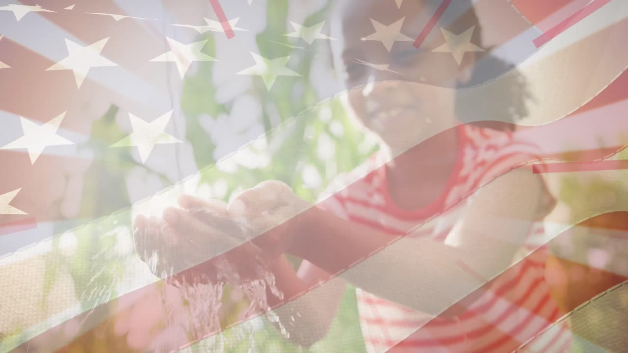 Animación de bandera de los Estados Unidos de América sobre niña afroamericana lavándose las manos