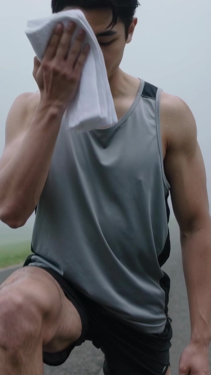 Vertical video: Wiping sweat athlete in tank and shorts after lunge on foggy path using white towel