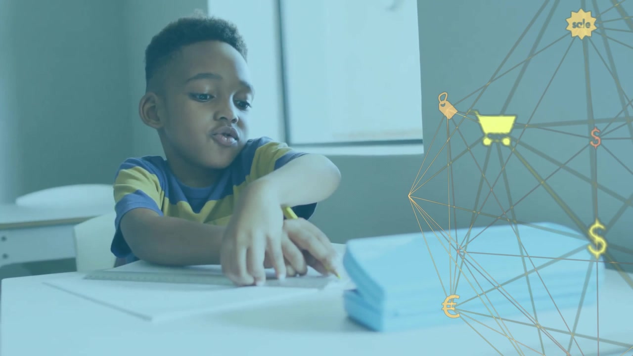 Boy writing on desk and flipping pages, generating animated commerce overlay highlighting concepts