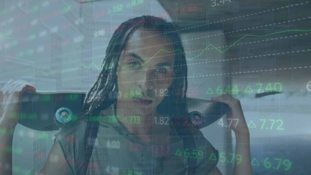 Animation of financial data processing over biracial man with skateboard