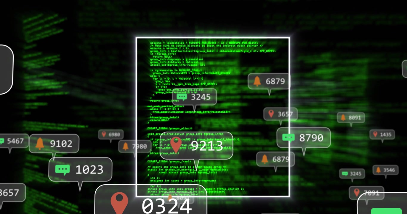 Cascading green code initiating red pins and chat icons, alert bells floating framing code metrics