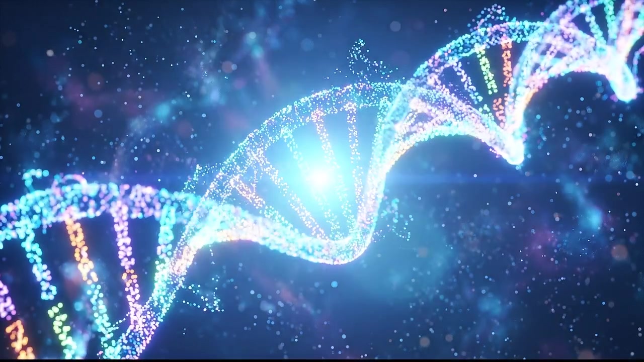 Filamento di DNA digitale scintillante su uno sfondo profondo di particelle cosmiche