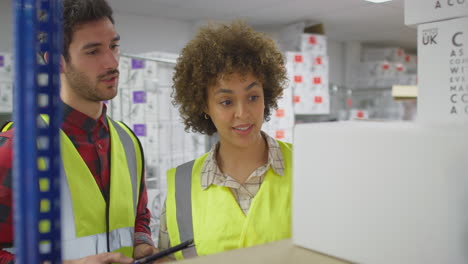 male and female workers in logistics distribution warehouse using digital tablet