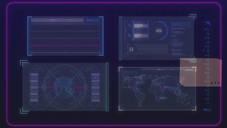 Animation of data processing on screens over cardboard boxes