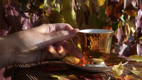 mujer bebiendo café de una taza de café dorada de primera calidad en otoño, de cerca