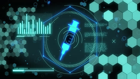 animation of vaccine icon and data processing on black background