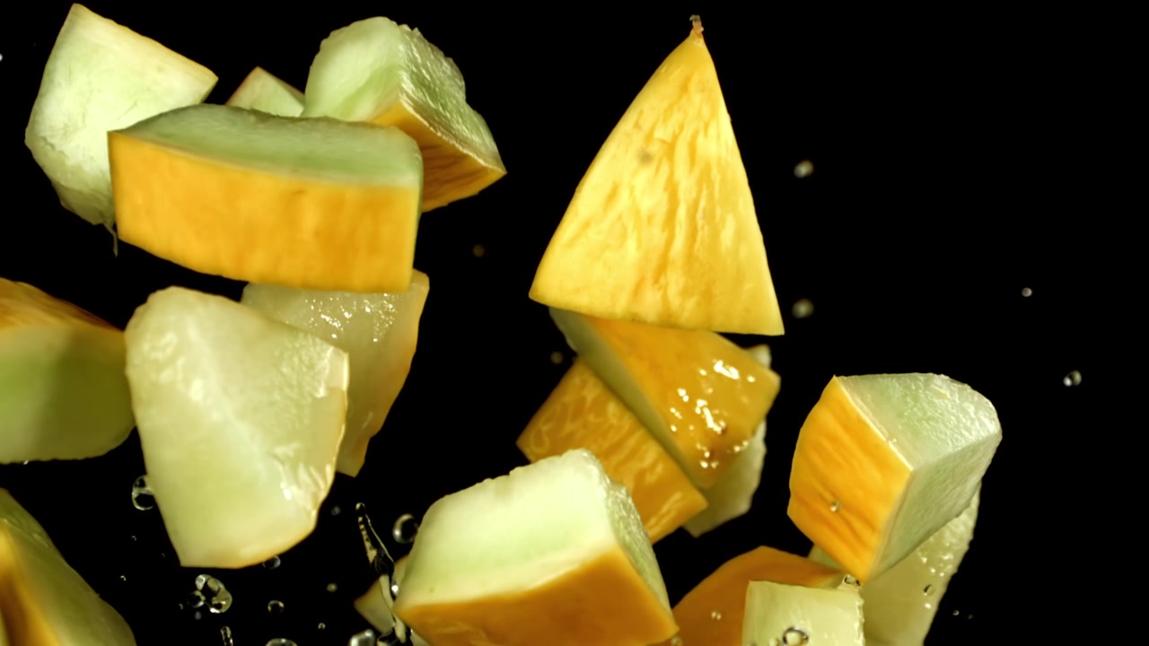 Fresh Melon Pieces with Water Droplets Flying in Slow Motion